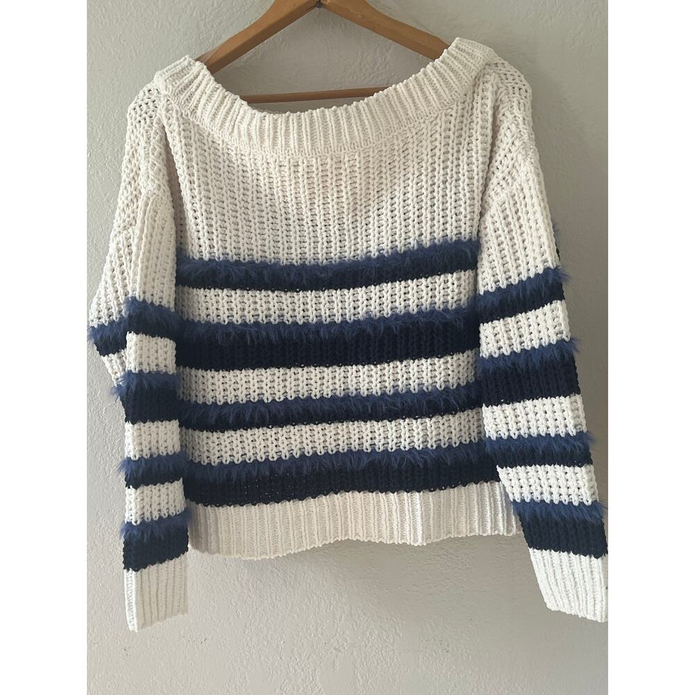 Women's It's Our Time Knit Stripped  Off the Shoulder Winter Sweater Size Medium